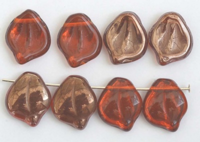 Leaf H Wavy Amber Copper 03280 Czech Glass Bead Charm x 5
